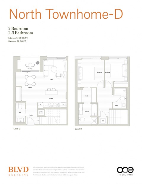 Floor plan for 2 beds, 2.5 baths, 1172 sqft